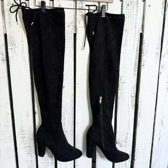 Black Knee High Boots Faux Suede Size 7 Ankle Zip Goth Glam Night Out ShoeLand - Picture 1 of 13